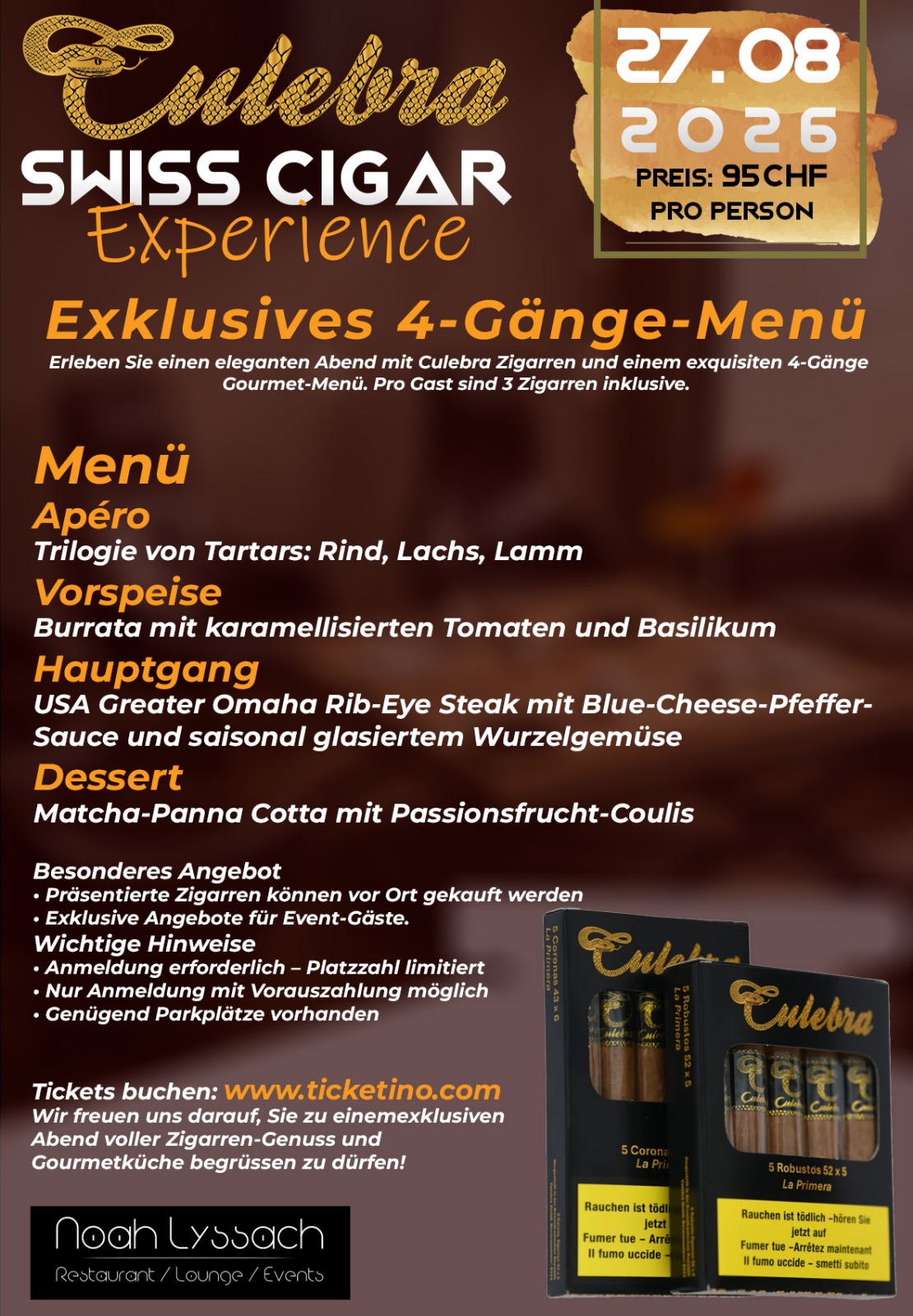 Culebra Swiss Cigar Experience in Lyssach – exclusive 4-course cigar dinner
